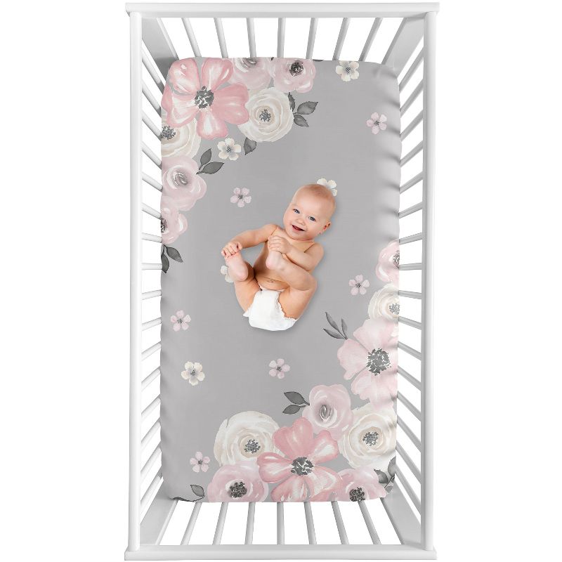 Sweet Jojo Designs Girl Photo Op Fitted Crib Sheet Watercolor Floral Grey and Pink, 1 of 6