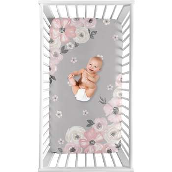 Sweet Jojo Designs Girl Photo Op Fitted Crib Sheet Watercolor Floral Grey and Pink