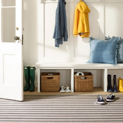 Gray and Blue Striped Synthetic Washable Rectangular Rug 3' x 5'