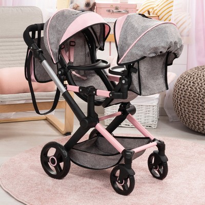 Butterfly Grey and Pink Twin Doll Pram with Adjustable Handle