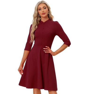 INSPIRE CHIC Women's Vintage 3/4 Sleeves Stand Collar Office Work Elegant A-Line Dress