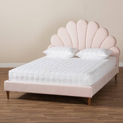 Queen Light Pink Velvet Tufted Platform Bed with Walnut Legs