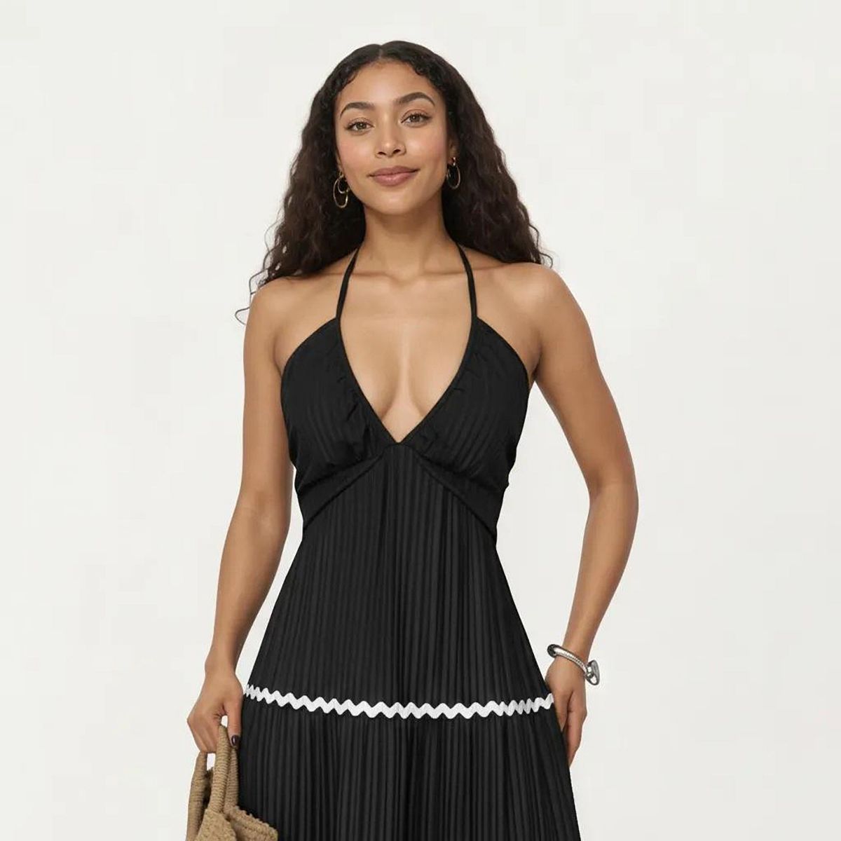 Anna-Kaci Women's Halter Neck Maxi Dress with Pleated Skirt and Tiered Trim Detail - thumbnail 4