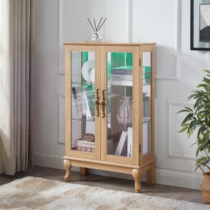 KTMBDW Cabinet with Glass Doors, Wood Display Cabinet with Mirrored Back Panel and Adjustable Shelves for Living Room (Light Bulb Included) - 1 of 4