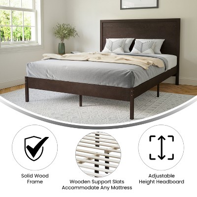 Queen Size Dark Brown Wood Platform Bed with Headboard and Slats