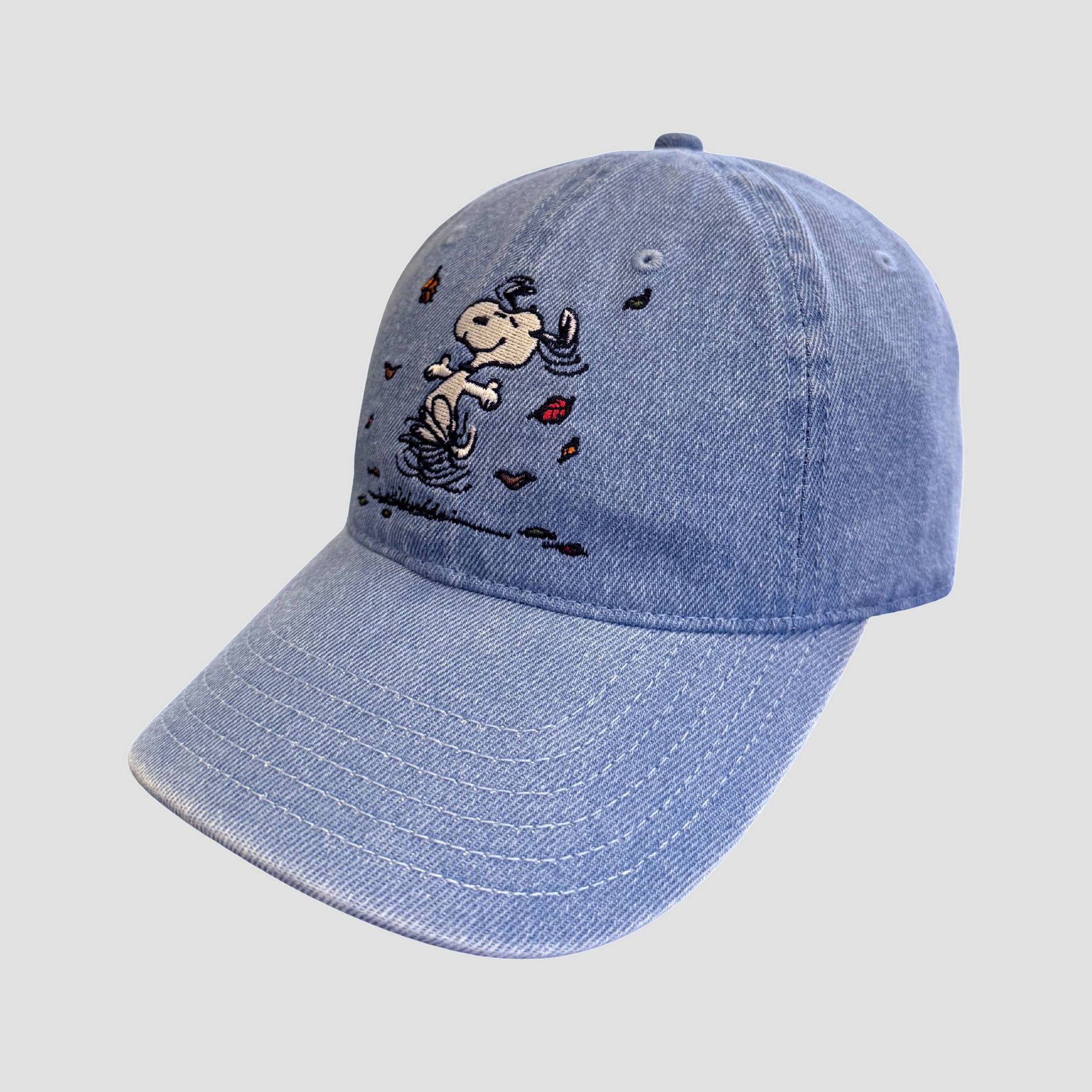 Peanuts Snoopy Denim Embroidered Leaves Baseball Hat - Blue