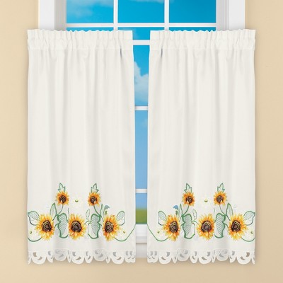 White Polyester Embroidered Sunflower Rod Pocket Window Tiers