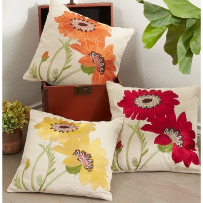 Yellow Floral Embroidered Cotton Linen Square Throw Pillow