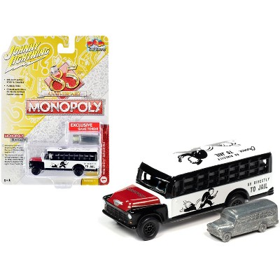 1956 Chevrolet School Bus White & Black w/Red Hood & Game Token "Monopoly 85th Anniversary" Pop Culture Series 1/64 Diecast Model by Johnny Lightning