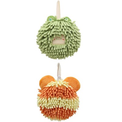 REGALWOVEN 2 Packs Chenille Fuzzy Cute Bear Shape Decorative Soft Absorbent Hanging Ball Hand Towels 7" x 7"
