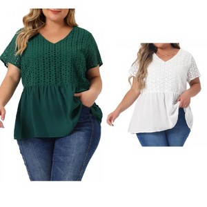 Women's Plus Size 2 Piece Eyelet Contrast Panel Elastic Back Babydoll V Neck Short Sleeve Summer Casual Blouses - Agnes Orinda - 1 of 4