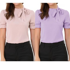 Allegra K Women's Elegant Bow Tie Neck Elastic Cuffs Office Short Sleeve Blouse 2 Pcs - 1 of 4