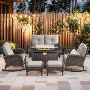 Buenhomino 7 Piece Outdoor Patio Wicker Conversation Sets with 43" Fire Pit Table, Includes Glider Loveseat, Rocking Chairs, Ottomans and Side Table - 1 of 4