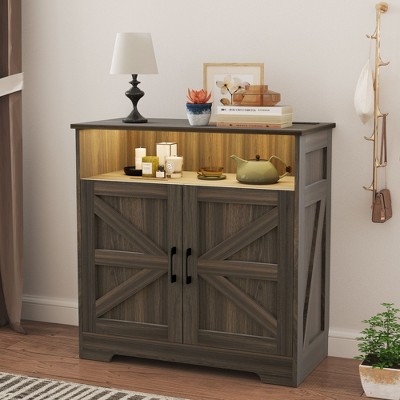 Storage Cabinet with Light, Buffet Cabinet with Open Storage,Wooden Storage Cabinet with Adjustable Shelves & Charging Station, Coffee Bar Cabinet
