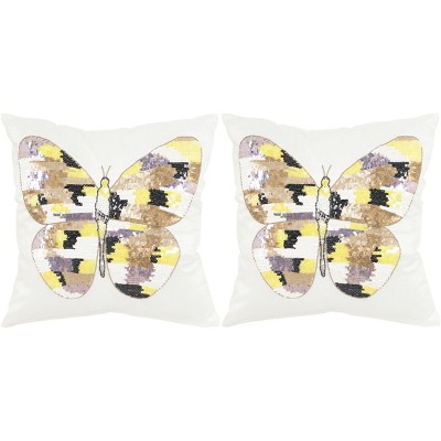 Beige and White Embroidered Butterfly Accent Pillows, Set of 2