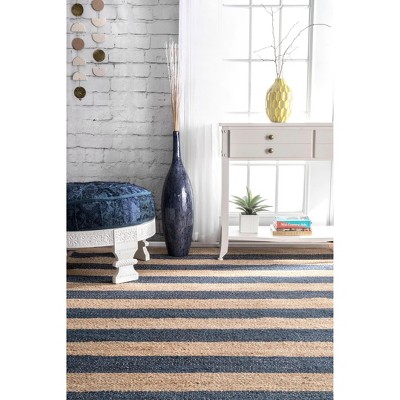 Denim and Tan Striped 4' x 6' Jute and Cotton Flatweave Rug