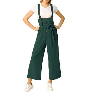 Allegra K Women's High Waist Wide Leg Belted Button Long Overalls Jumpsuit - 1 of 4