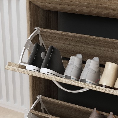 Brown Wood Grain 3-Tier Shoe Storage Rack with Metal Handles