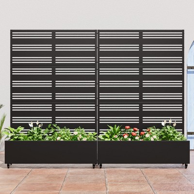 SpassWay Black Metal Planter Box with Trellis Raised Garden Bed with Arbor Privacy Screen with Wheels