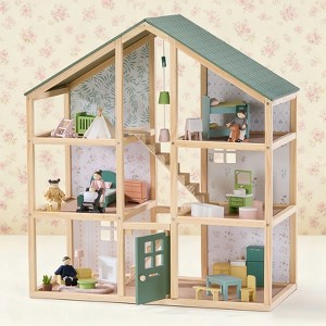 Tiny Land® Sweetwood Evergreen Dollhouse & 5-Piece Poseable Wooden Dolls Family Set - 1 of 4