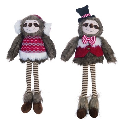 Transpac Fabric 10 in. Multicolor Christmas Plush Sloth Shelf Sitter Set of 2