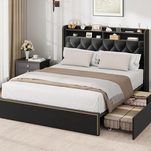 Acekool Upholstered Platform Bed Frame with 2-Tier Storage Headboard and 4 Drawers, Black Velvet - 1 of 4