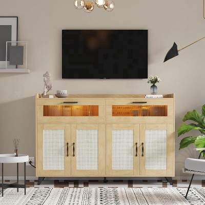 Garvee Sideboard Buffet Cabinet with Power Outlet & LED Light -with 2 Fluted Acrylic Drawers & 4 Rattan Doors