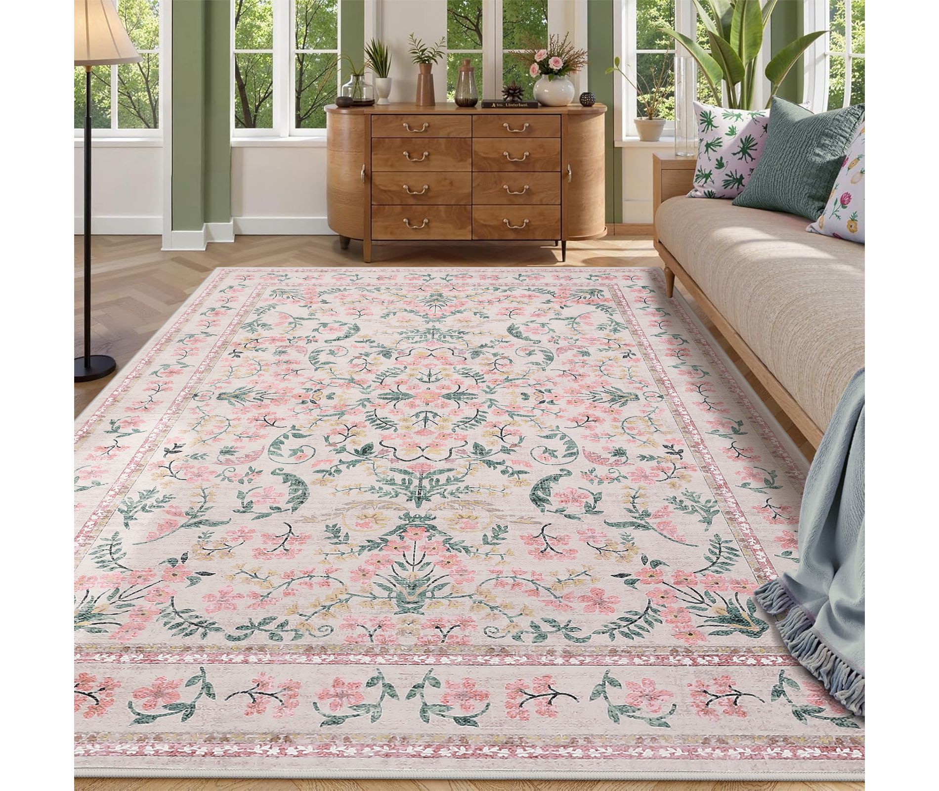 Washable Area Rug, 5x7 Boho Floral Soft Rugs for Living Room, Non Slip Low Pile Carpet for Bedroom, Dining Room, Nursery, Hallway, Pink: Pet Friendly