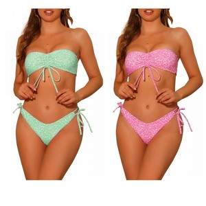 Elerevyo Women's Halter Floral Print Bandeau Tie Side Triangle Bottoms Swimwear Bathing Suits 2 Sets - 1 of 4