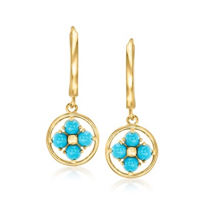 Ross-Simons Italian Turquoise Flower Hoop Drop Earrings in 10kt Yellow Gold