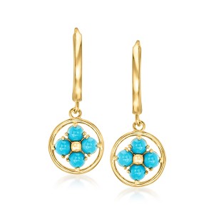 Ross-Simons Italian Turquoise Flower Hoop Drop Earrings in 10kt Yellow Gold - 1 of 3