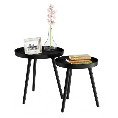 Black Round Wood Nesting End Tables with Tray Top