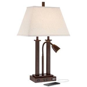Possini Euro Design Deacon Modern Desk Table Lamp 26" High Bronze with USB and AC Power Outlet in Base LED Reading Light Oatmeal Shade for Office Desk - 1 of 4