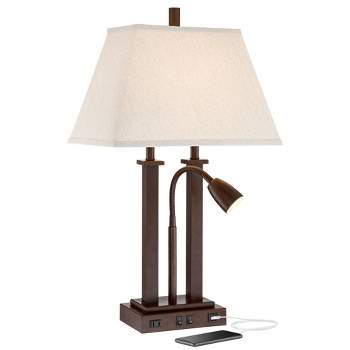 Possini Euro Design Deacon Modern Desk Table Lamp 26" High Bronze with USB and AC Power Outlet in Base LED Reading Light Oatmeal Shade for Office Desk