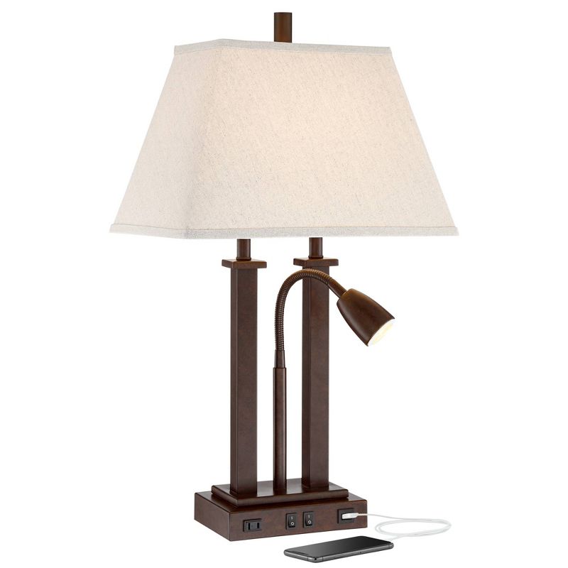 Possini Euro Design Deacon Modern Desk Table Lamp 26" High Bronze with USB and AC Power Outlet in Base LED Reading Light Oatmeal Shade for Office Desk, 1 of 11
