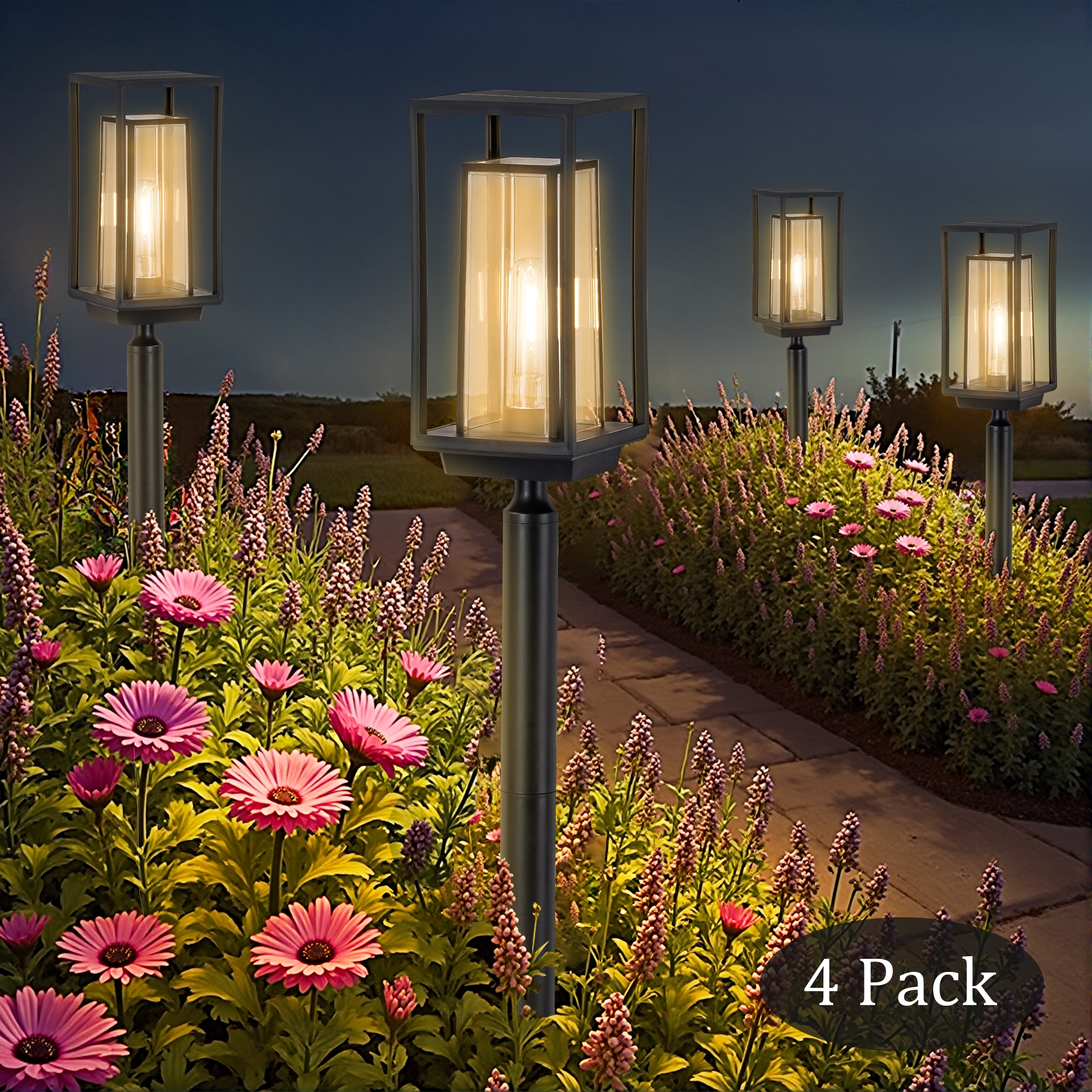 C Cattleya 4-Pack Black LED Outdoor Solar Path Lights,3000K Warm White/150 Lumen