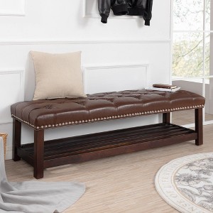 TUYOHW 60" Upholstered Bench with Shelf,PU Leather End of Bed Bench with Nailhead Trim,Tufted Storage Bench for Bedroom Entryway - 1 of 4