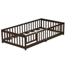 COWLOWN Twin Size Floor Bed with Safety Fence & Door, Rubber Wood Montessori Bed for Toddlers - 1 of 4