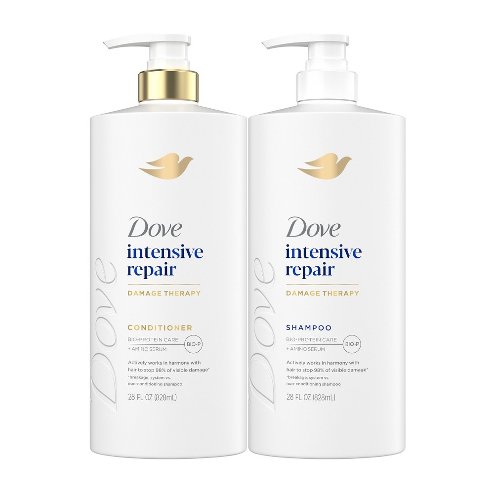 Dove Beauty Intensive Repair Pump with Glutamic Amino Serum & Bio-Protein Care Hair Conditioner 28 fl oz + Hair Shampoo 28 fl oz