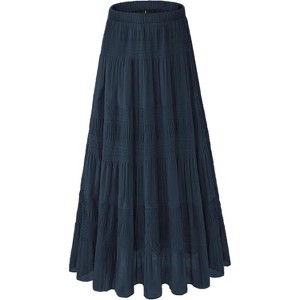 Women's 2025 Boho Chiffon Maxi Skirt - Flowy Pleated A-Line Long Skirt with Elastic Waist Dark Blue - 1 of 4