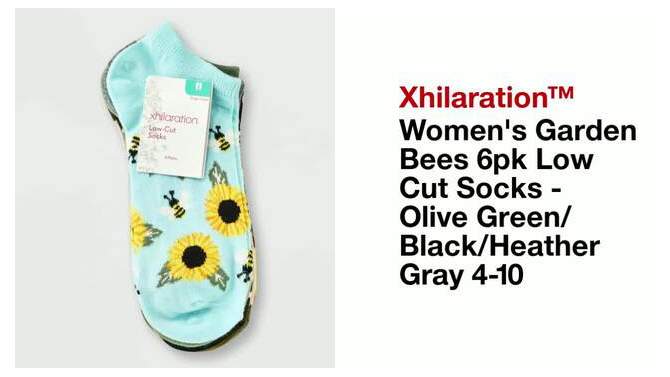 Women&#39;s Garden Bees 6pk Low Cut Socks - Xhilaration&#8482; Olive Green/Black/Heather Gray 4-10, 2 of 5, play video