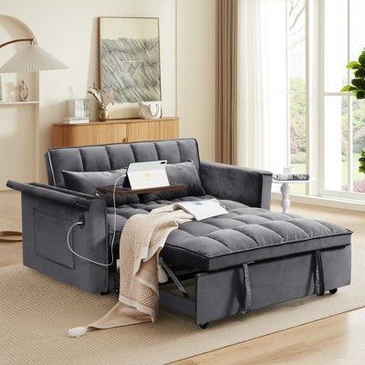 55.5'' Velvet 3-in-1 Foldable Sofa Bed with Adjustable Back, Storage Bag, Pillow, and Hidden Laptop Desk with USB Port