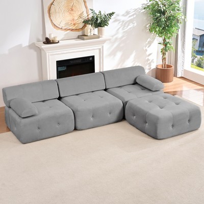 Mjkone L-Shaped Velvet 3-Seater Modular Sectional Sofa With Ottoman, Convertible Sofa Couches with Rivet Trim