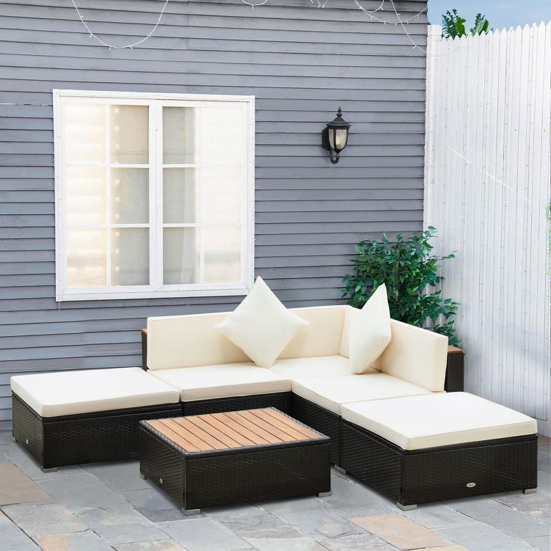 Outsunny 6 Piece Patio Furniture Set, Outdoor Rattan Sectional Sofa Couch with Chaise Lounge Sides, Coffee Table, Pillows & Cushions, Wood Trim, 2 of 7