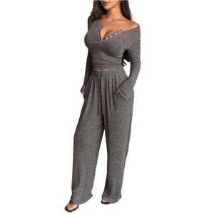 Women's V-Neck Button-Down Long Sleeve Top & Wide-Leg Pants Set, Casual Loungewear Outfit Gray S - 1 of 4