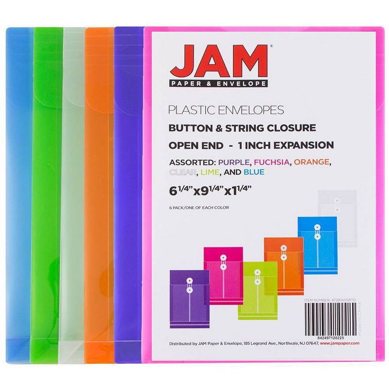 JAM Paper 6 1/4&#34; x 9 1/4&#34; 6pk Multicolor Plastic Envelopes, Button & String Tie, Secure Document Storage, 2 of 6