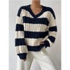 Women's V-Neck Striped Sweater - Oversized Retro Knit Pullover for Casual Comfort (S-XL) - 4 of 4