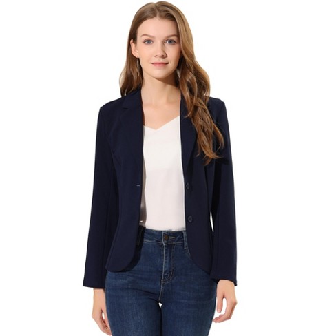 Allegra K Women's Elegant Work Office Lapel Collar Button Down Stretch Suit  Blazer Navy Blue Large : Target