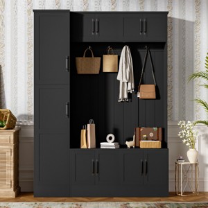 Modern Hall Tree with Shoe Storage Bench, 6 Cabinets & 4 Hooks, 59"W x 79"H Entryway Organizer for Foyer Mudroom-3irtyhousy - 1 of 4