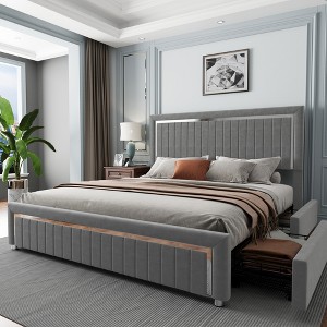 AMERLIFE Upholstered Platform LED Bed Frame with 4 Storage Drawers, Adjustable Headboard with Vertical Channel Design - 1 of 4